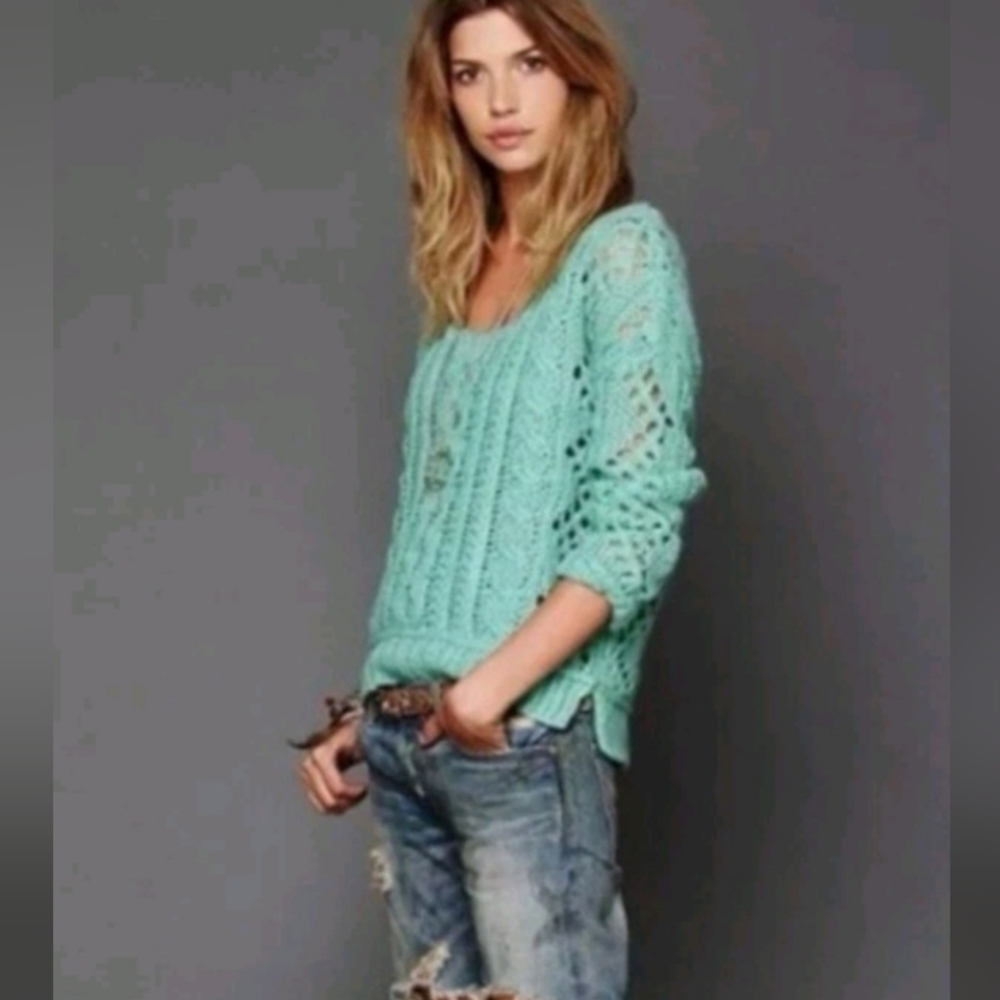 Free People Fluff Wool Mohair Blend Pullover Sweater Mint Green size XS - Picture 2 of 7